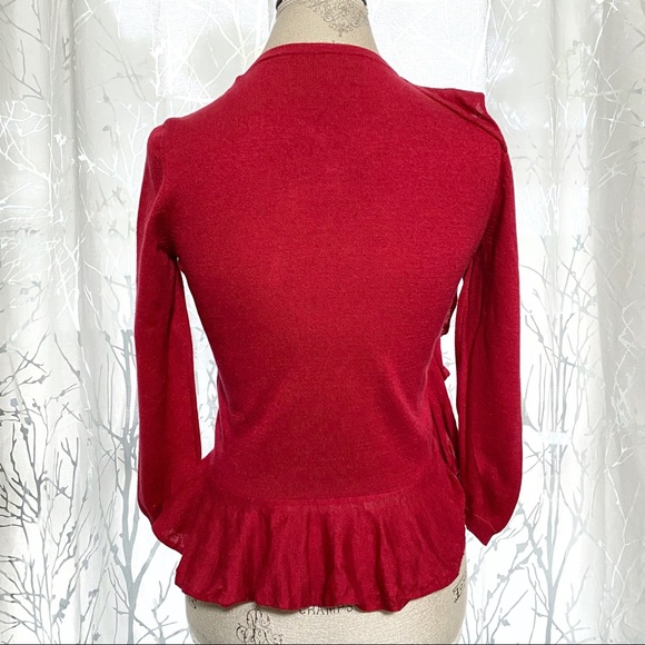 Red Valentino red knit button down ruffle cardigan sweater top - Picture 3 of 11